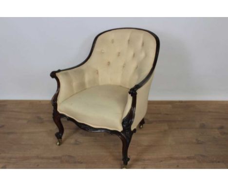 Mid 19th century mahogany framed button-upholstered tub chair the show wood frame with scroll arms, raised on cabriole legs a