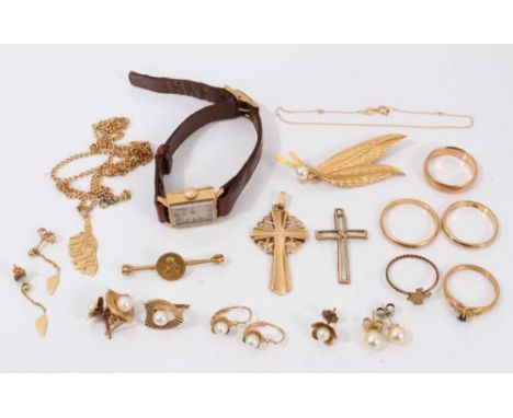 Group of gold jewellery to include a LIP wristwatch, Corsica gold pendant and earrings, and predominately French gold jewelle