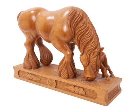 Manner of Robert Mouseman Thompson: Carved oak sculpture of a heavy horse and foal, on carved base initialled R, 43cm longCon