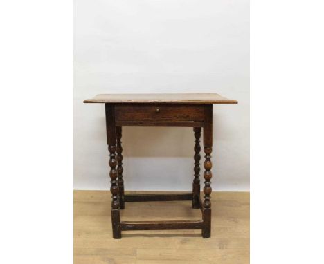 18th century fruitwood side table,  of small proportions with single drawer to front raised on bobbin turned legs and stretch