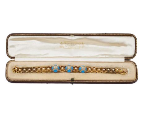 Victorian diamond turquoise enamel and seed pearl bracelet with three turquoise enamel domes with old cut and rose cut diamon
