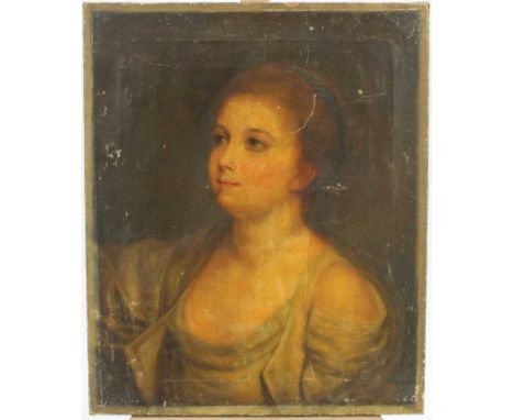 19th century French School oil on canvas- half length portrait of a young lady, unframed. 47 x 38cm.Condition report: Please 