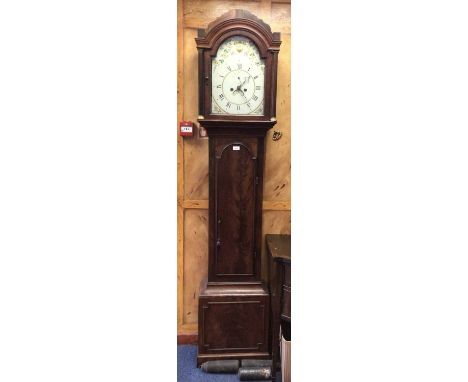George III 8 day long case clock with arched painted dial decorated with flowers, subsidiary seconds and date aperture in inl