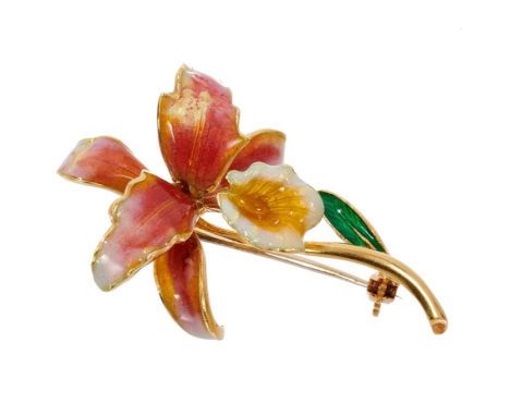 Gold and enamel orchid brooch, naturalistically modelled as an orchid with polychrome enamel decoration. Stamped '750'. 44mm.