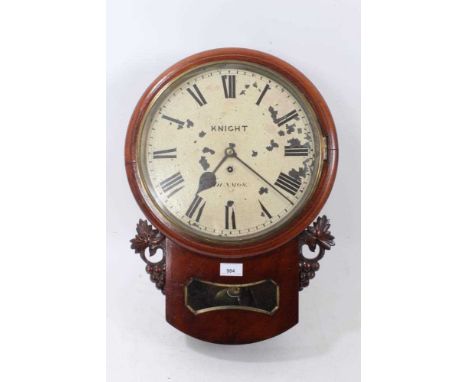 19th century mahogany drop dial wall clock by Knight of Dunmow, Essex with circular painted dial, single fusee movement, pend