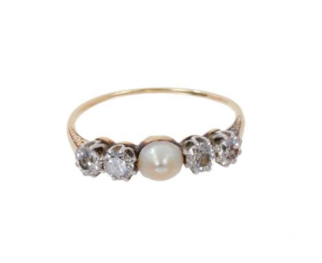 Pearl and diamond five stone ring with a central button pearl measuring approximately 4.2-5mm, flanked by four old cut diamon