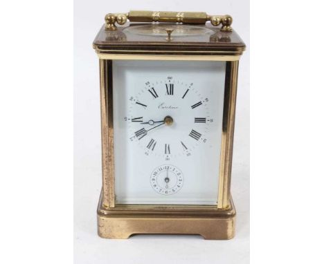 20th century French brass carriage clock with hour repeating eleven jewel movement and alarm mechanism in brass case 17cm hig