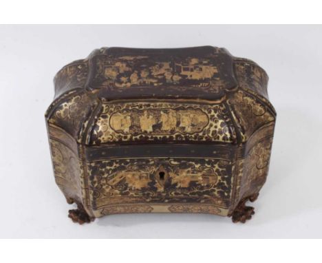 19th century Chinese papier mâché tea caddy, of bombe form, allover decorated with gilt figural reserves, the hinged cover en
