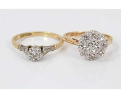 Two diamond and 18ct gold rings, one with a flower head cluster of single cut diamonds and the other with a single brilliant 