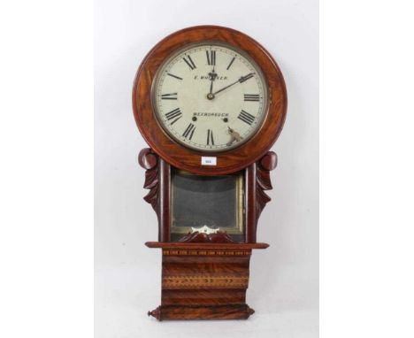 Late 19th century drop dial wall clock by E. Whittaker of Mexborough, key and pendulum present