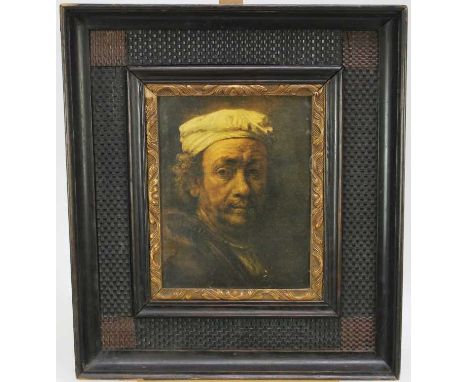 17th century style Dutch ebonised ripple moulded frame, housing a print of a Rembrandt self portrait, aperture 29 x 23cm