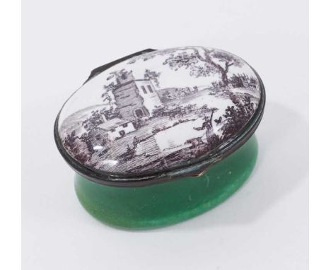 An early 19th century enamel box, the cover decorated with a sepia landscape with turret and figure on green enamel base 4.5c