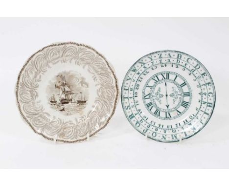 Two Victorian printed nursery plates, one with a clock, alphabet and numbers, the other with a ship, 16.5cm and 18cm diameter