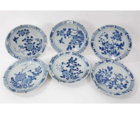 Six similar 19th century Chinese blue and white porcleain dishes, decorated with flowers and birds, 25.5cm diameterCondition 