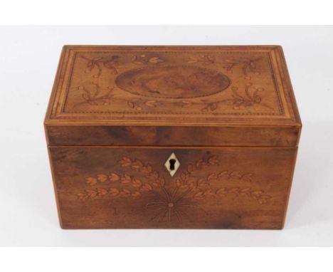 George III satinwood and marquetry inlaid tea caddy, with sprig inlaid hinged top enclosing twin lidded compartments, 18.5cm 