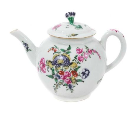 A Worcester polychrome teapot and cover, circa 1770, decorated with floral sprays, 19.5cm from spout to handleCondition repor