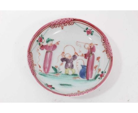 A Badderley-Littler saucer, circa 1777-85, polychrome painted with Chinese figures, 12.5cm diameterCondition report: In good 