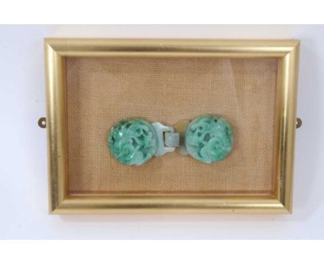 19th century Chinese green jade buckle decorated with dragons, 11cm, mounted in glazed frameCondition report: Some small chip