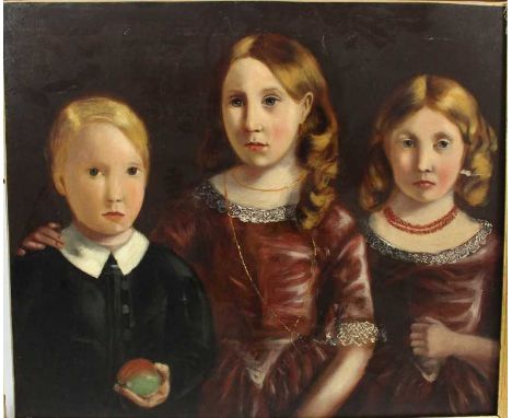Victorian English School oil on canvas- Portrait of three children, in painted frame. 62.5cm x 75.5cm 