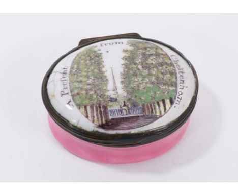 An early 19th century enamel box 'A Present from Cheltenham' with pink base 5.1cm wideCondition report: Some crazing and crac
