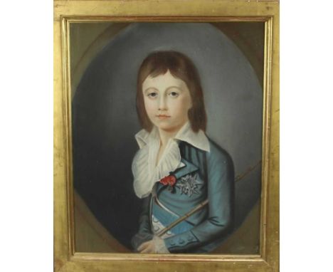 Early 19th century French School pastel portrait- boy wearing regal dress and holding a riding crop, in gilt frame. 59 x 48cm