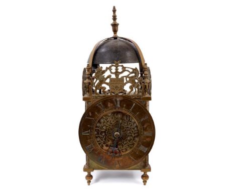 19th century brass lantern clock with pierced crestings, weight driven 30 hour movement striking on bell with anchor escapeme