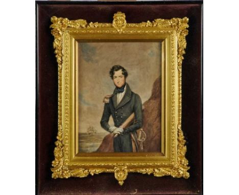 Attributed to James Warren Childe - portrait of a naval officer with seascape behind, in glazed gilt frame. 21cm x 16cm
