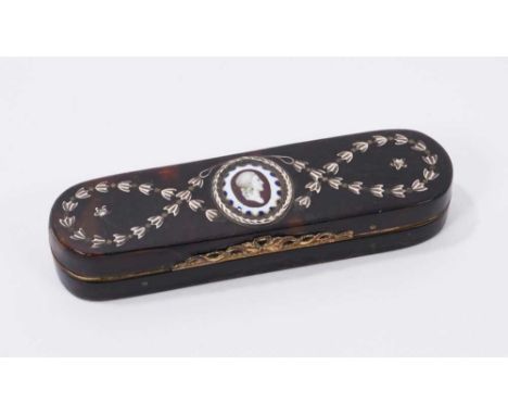 Fine Georgian tortoiseshell and silver inlaid toothpick case with porcelain classical portrait panel to lid and gilt metal mo
