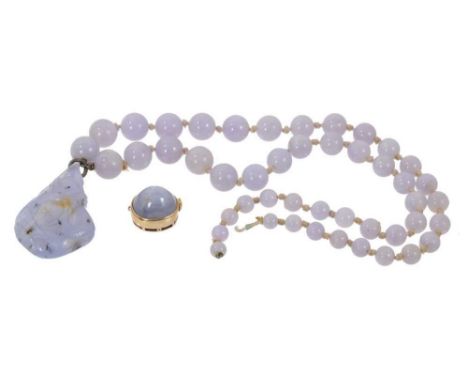Antique Chinese carved lavender jade pendant on bead necklace, the pendant carved in the form of a fruit, approximately 35mm 