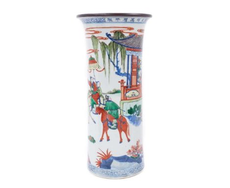 Chinese porcelain sleeve vase, Wanli mark underneath the rim in underglaze blue but 19th century, decorated in the Wucai styl