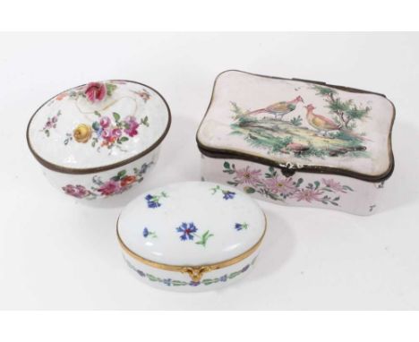 A faience box, painted with birds, a Limoges box and a gilt metal mounted oval inkwell (3)