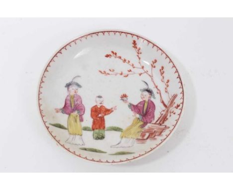 A Bow saucer, circa 1760, painted in the Chinese style with figures in a garden, 11.5cm diameterCondition report: Some enamel