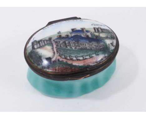 An early 19th century enamel box decorated with a view of 'Kings-Gate' and convent with turquoise enamel base 4cm. (Kingsgate