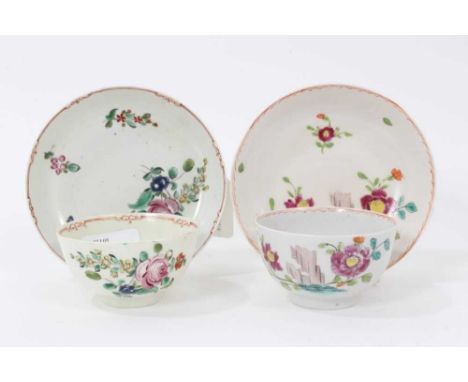 Two Liverpool polychrome tea bowls and saucers, circa 1780, painted with flowersCondition report: One saucer has crazing / li