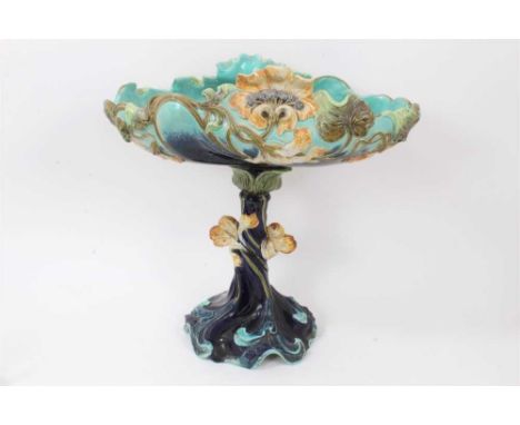 William Schiller Art Nouveau pottery epergne, decorated in art nouveau style with sinuous floral patterns, 42cm high