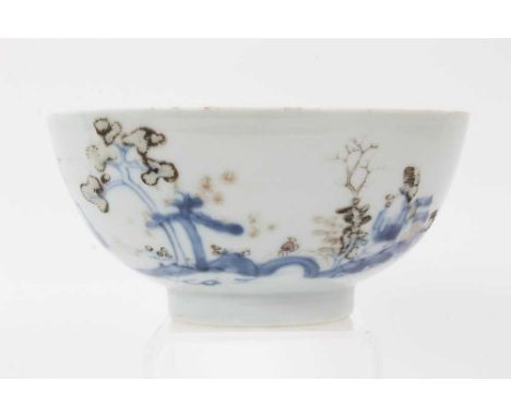 Chinese Nanking cargo porcelain bowl, decorated in underglaze blue and enamels with a landscape scene, collection label to ba