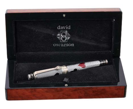 Fine quality David Oscarson limited edition silver and enamel fountain pen, the guilloché enamel body decorated with hearts, 