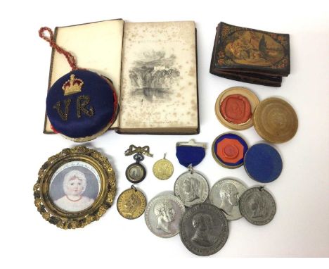 H.M.Queen Victoria Royal commemorative pincushion with crowned VR cipher to top, print of portrait of the young Queen in gilt
