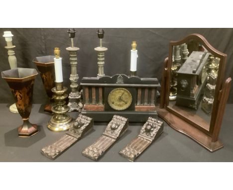 A 19th century American Ingraham architectural mantel clock; a set of three 19th century carved oak corbels; a pair of contem