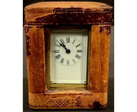 A miniature lacquered brass carriage clock, white enamel dial, Roman numerals, dated 1902, 9cm over swing handle, Morocco lea