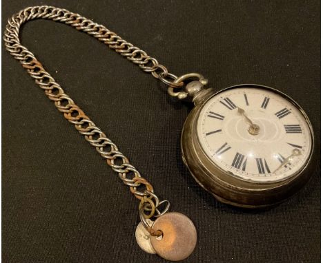 A silver open face pocket watch, white enamel dial, Roman numerals, silver outer case, 19th century, metal chain 