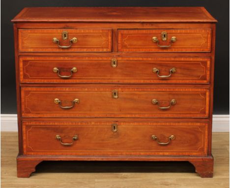 A 19th century satinwood crossbanded mahogany chest, rectangular top inlaid with a Classical urn above two short and three lo