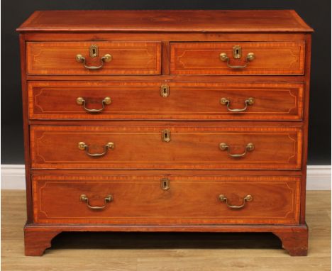 A 19th century satinwood crossbanded mahogany chest, rectangular top inlaid with a Classical urn above two short and three lo