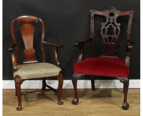 A George II design open armchair, 100cm high, 63cm wide, the seat 45cm wide and 41cm deep; another, Chippendale Revival, 109c