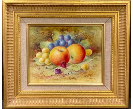 T G Abbotts, a porcelain panel, signed, painted with ripe fruit and berries on a mossy bank, 14cm x 18.5cm, framed 