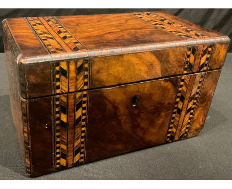 A Victorian walnut and parquetry tea caddy, hinged cover enclosing a pair of lidded compartments, c.1860 