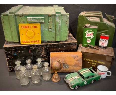 A wooden ammunition box; another, metal case; a 20L jerry can; a kit box; a set of six acid etched apothecary bottles; a Cast