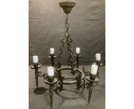A Gothic Revival wrought iron six branch ceiling light, 61cm wide 