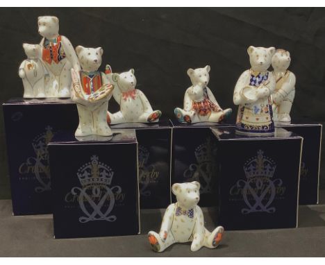 A Royal Crown Derby miniature Teddy Bear model, Cricket Bear, boxed; others, Mum and Charlotte, Daddy and George, Teddy Bear 