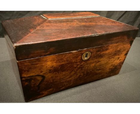 A Victorian rosewood sarcophagus tea caddy, hinged cover enclosing a pair of lidded compartments, c.1860 